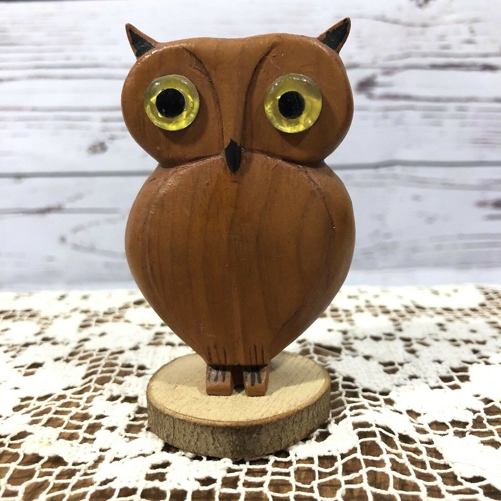Vintage Hand Carved Owl Set Solid Wood Sculpture